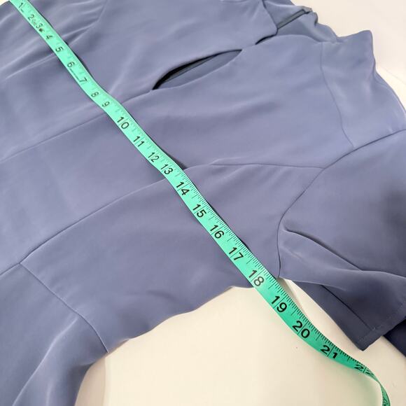 August 1 Eight Mandarin Collar Cutout Peplum Lined Blouse Sz M Blue Office Femme - Picture 5 of 8